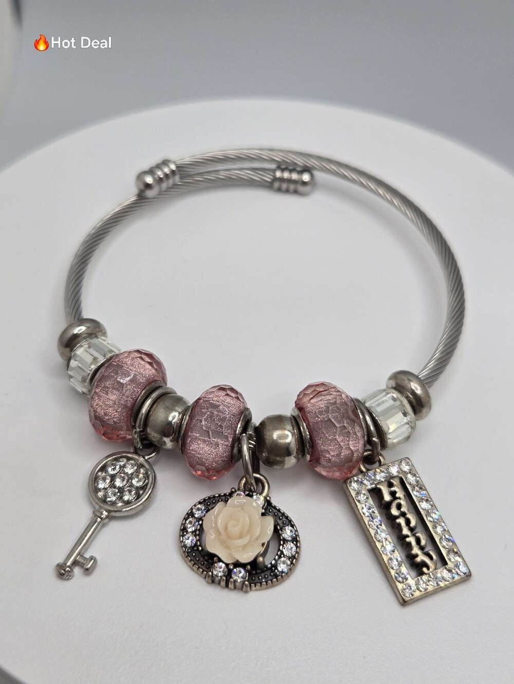 Pink Glass Bead Charm Bracelet Pandora Style Key Happy Rose Rhinestone Cuff